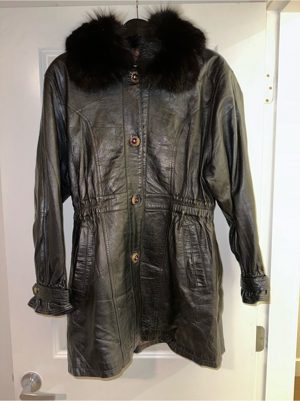 Vintage Black Leather Coat with Dark Fur Collar